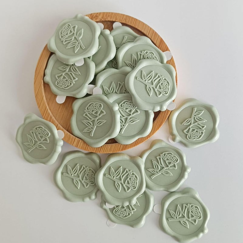 Pilloze 50 Pcs Adhesive Green Rose Wax Seal Stickers, Adhesive and Easy to Use Green Rose Envelope Stickers, Rose Seal for Wedding Invitation or Envelopes, Scrapbooking - Image 3